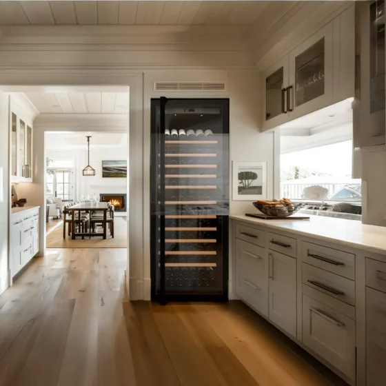 Design wine fridge big capacity black built in a kitchen with full glass door in a design kitchen